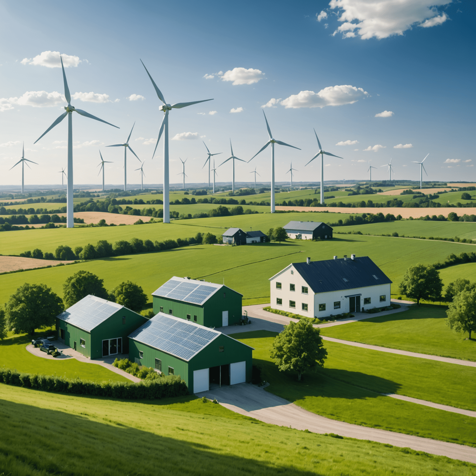 Windkraftanlagen in einer grünen Landschaft mit einem kleinen Geschäftsgebäude im Vordergrund