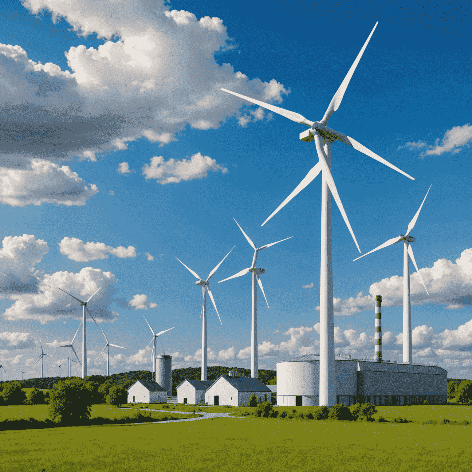 Eine Windkraftanlage neben einem traditionellen Kraftwerk, die den Kontrast zwischen erneuerbaren und konventionellen Energiequellen symbolisiert