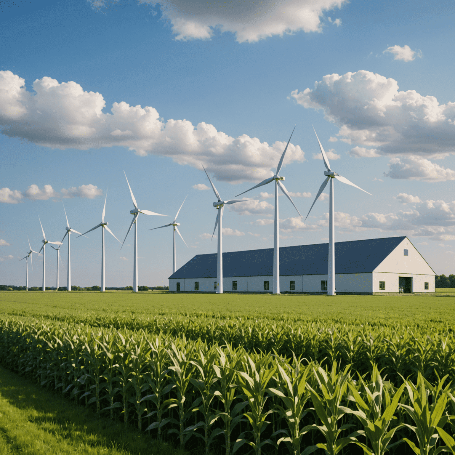 Eine Reihe von Windkraftanlagen auf einem Feld neben einem kleinen Industriegebäude, das die Integration von Windenergie in kleine Unternehmen symbolisiert