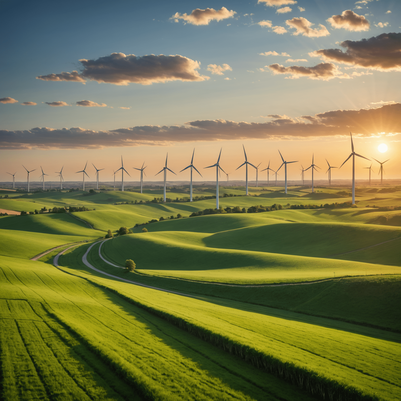 Windkraftanlagen in einer grünen Landschaft bei Sonnenuntergang, symbolisieren den Übergang zu erneuerbaren Energien für Kleinunternehmen