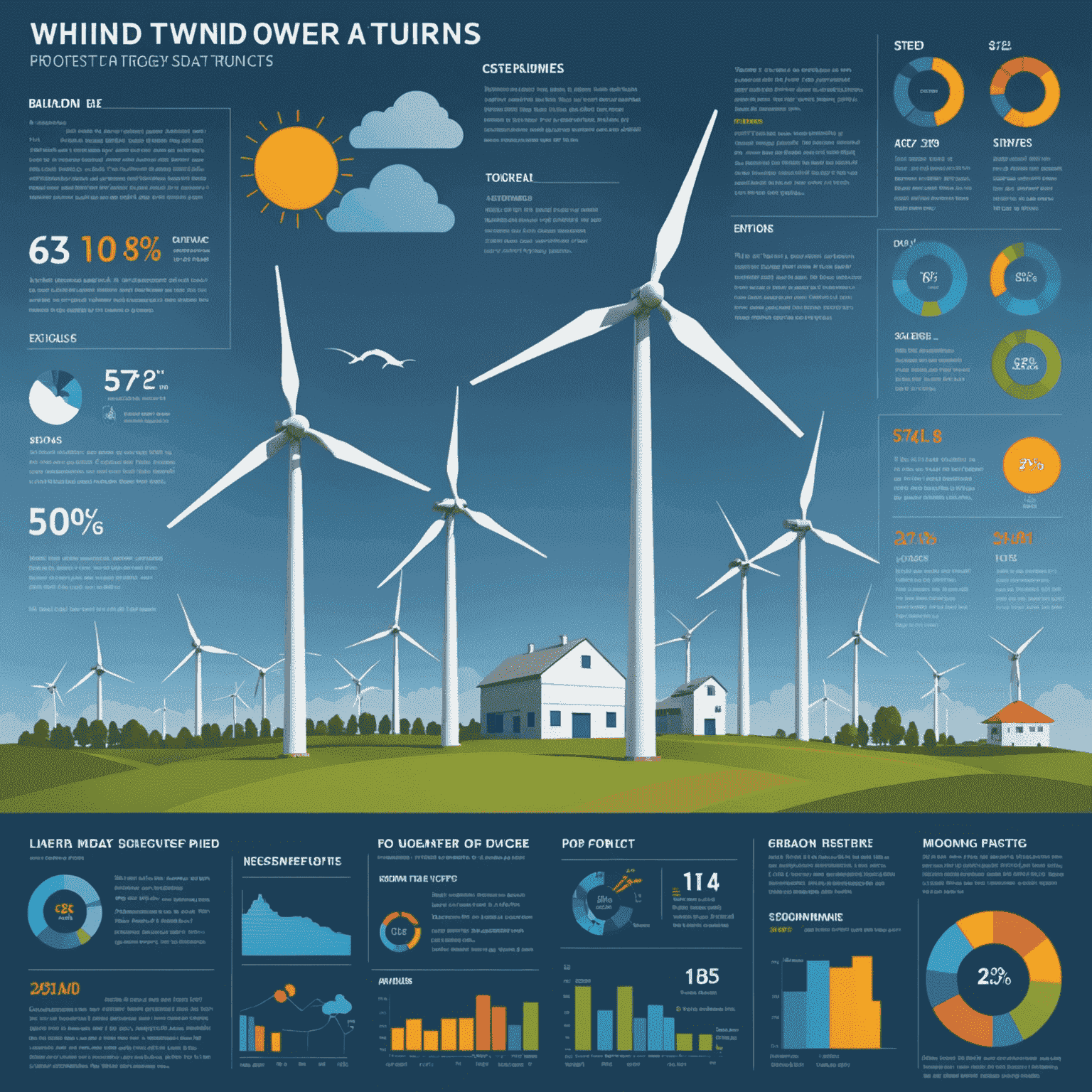 Eine Infografik, die Windturbinen und traditionelle Kraftwerke gegenüberstellt, mit Diagrammen und Zahlen, die Kosten und Effizienz vergleichen.