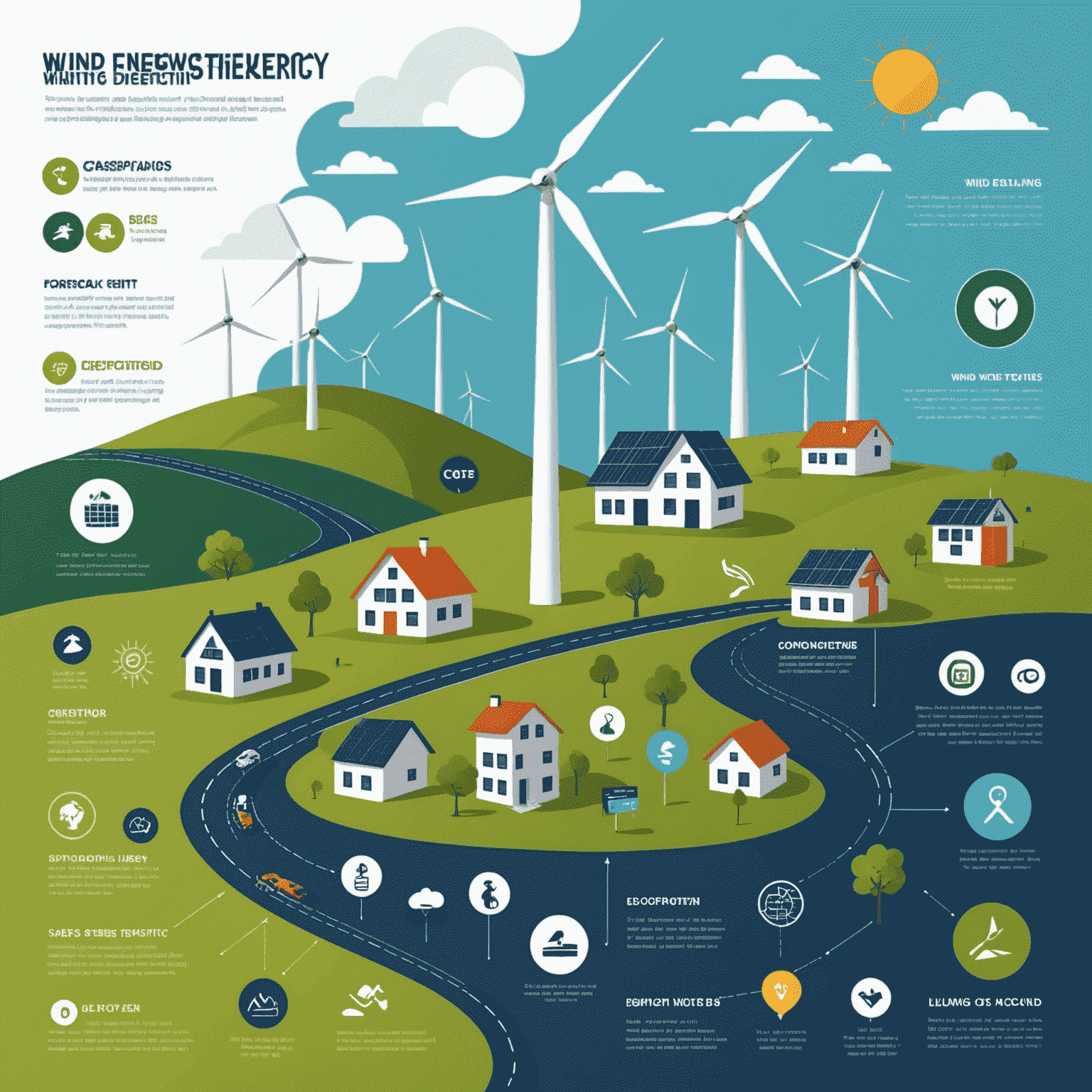 Infografik, die verschiedene Möglichkeiten für kleine Unternehmen zeigt, Windenergie zu implementieren, mit Icons für Kleinwindanlagen, Windparks und Stromanbieter