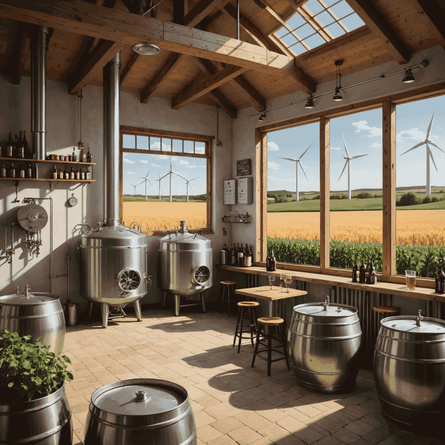 Eine kleine Brauerei mit Windkraftanlagen im Hintergrund, die die Nutzung von Windenergie in der Bierproduktion veranschaulicht